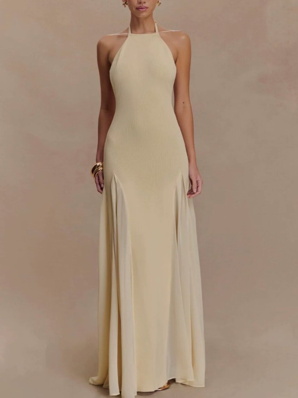 Meshki Soleil Knit And Mesh Halter Maxi Dress S/L Cream Wedding Event - Picture 4 of 10